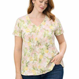 J Jill Pima Slub Knit V Neck Tee Tropical Print Womens Lp Petite 100% Cotton